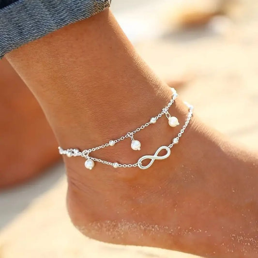 Infinity Pearl Anklet – Silver-Plated with Dual Layer Design