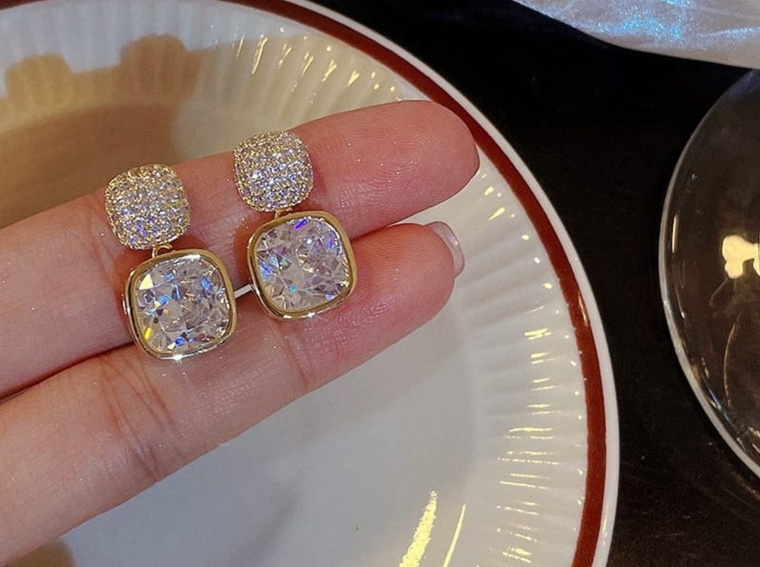 Crystal Luxe Cushion Stud Earrings – Mehnam Signature Shine